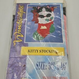 Vtg New Hanging Flag Windsculpts NCE Kitty Stocking Sculpted Two Sided 30x46"